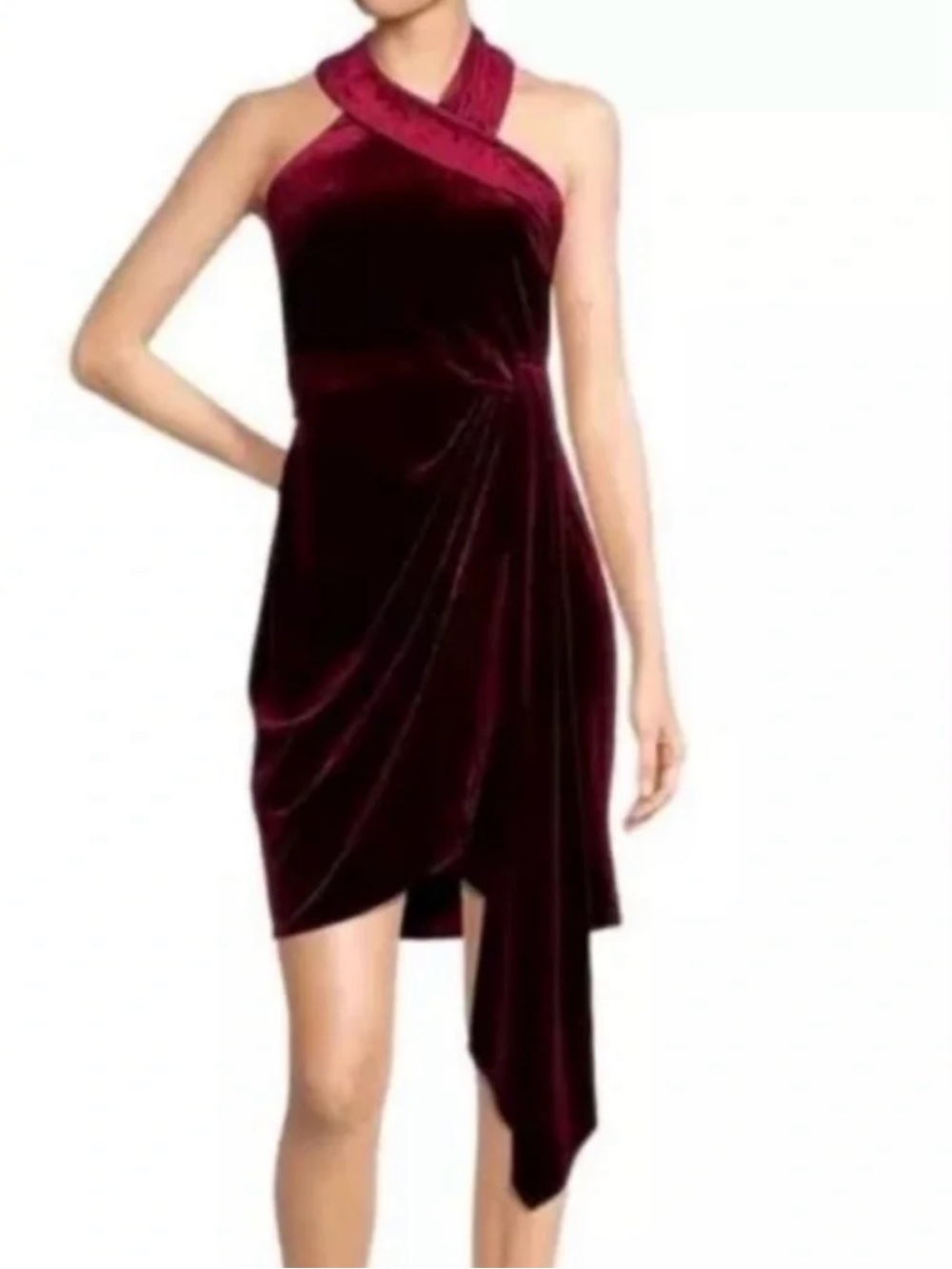 Belle Badgley Mischka Jade Velvet Halter Dress - Burgundy